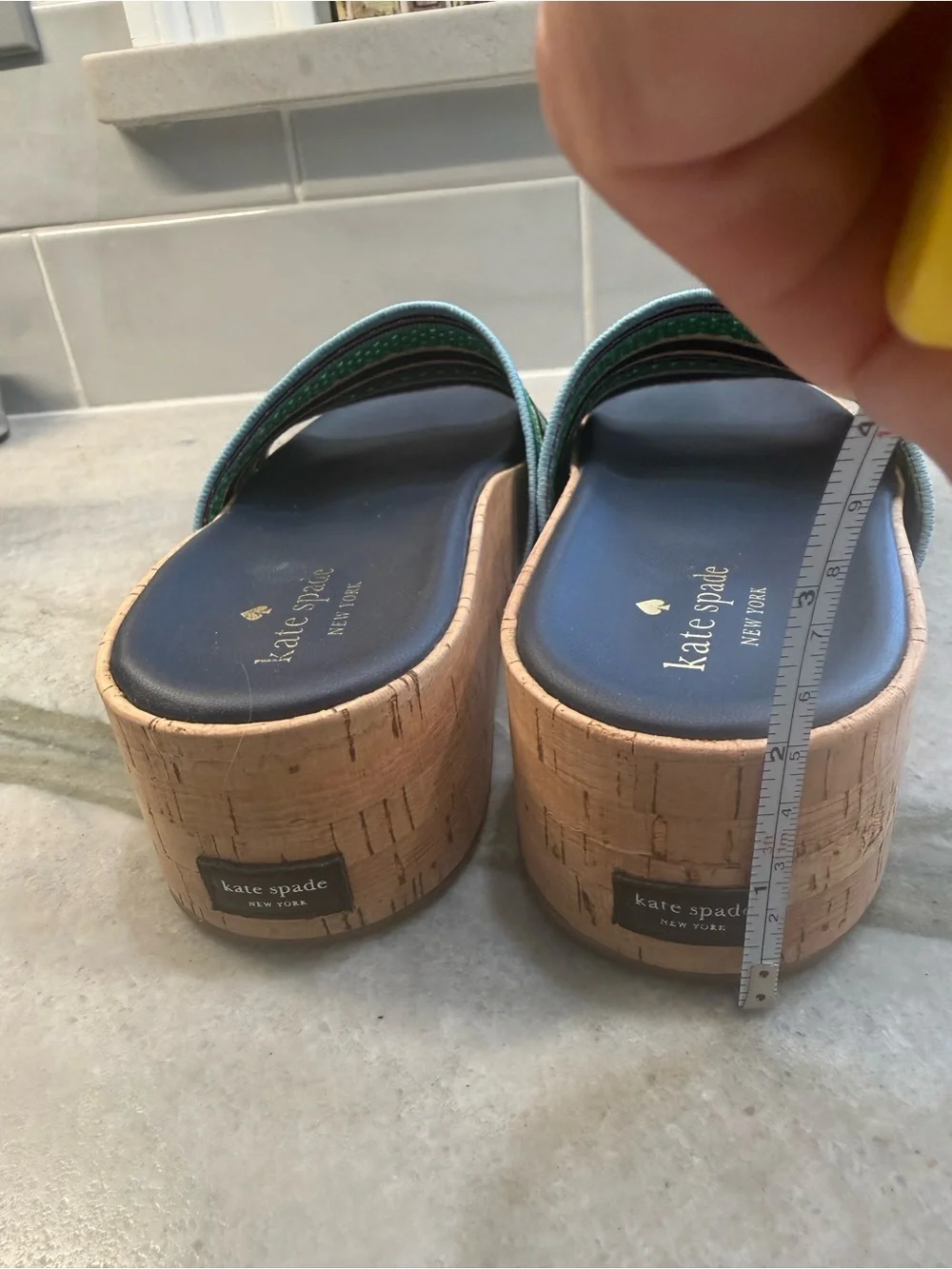 kate spade Navy, Green & Black Striped Cork Slide Sandals